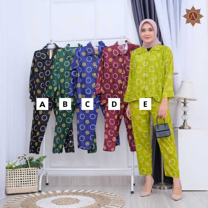SETELAN CELANA/ SETELAN DASTER KEMEJA/ BABYDOL SETELAN CELANA/ ONE SET MOTIF KEKINIAN/SETELAN WANITA-Kemeja Bulat Kecil