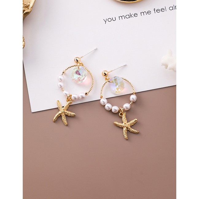 LRC Anting Tusuk Fashion Gold 925 Silver Needle Crystal Pearl Ring Starfish Earrings F54846