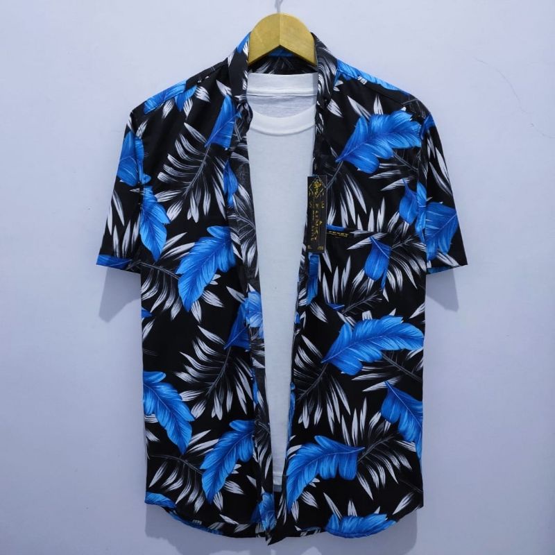 Kemeja hawai pria motif abstrak casual lengan pendek distro slim-fit
