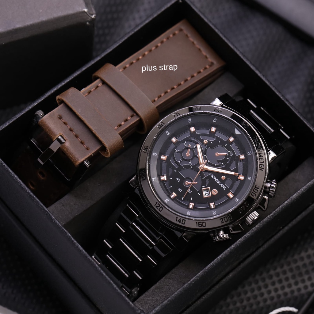 Bisa COD Montblanc Jam Tangan Pria 4952L Chrono Variasii Tali Rantai Tanggal Aktif Free Tali Kulit ,