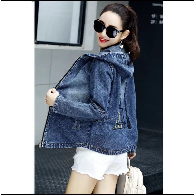 JAKET JEANS HOODIE WANITA RITSLETING DENGAN BORDIR