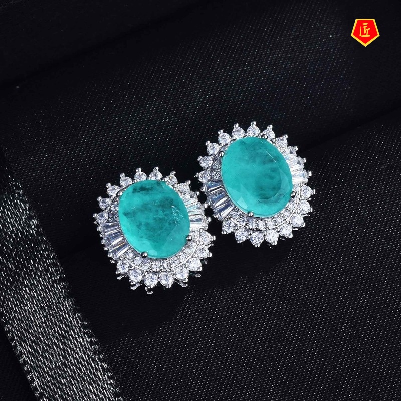 [Ready Stock]Natural Paraiba Micro-Inlaid Full Diamond Earrings