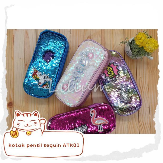 

Kotak pensil sequin unicorn flamingo ATK01 pencil case reversible