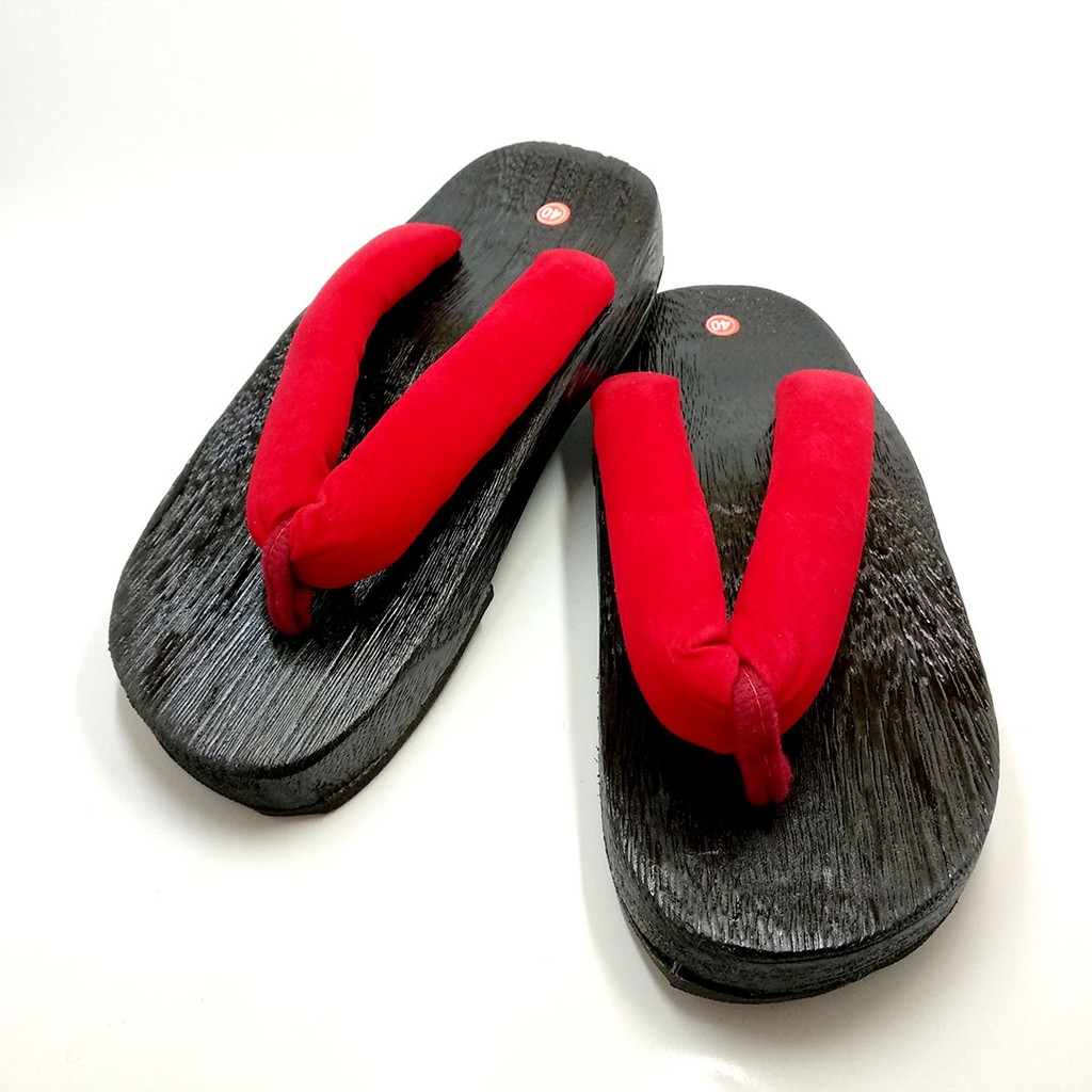 Geta Oval Hitam (Modern) : Solid Red Strap Sandal Kayu Jepang Bakiak