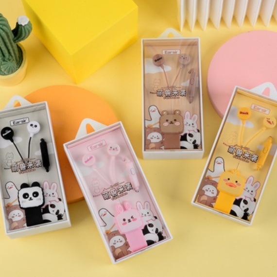 [E-239] Headset Earphone Motif Cute Animals dengan Penjepit Earphone Karakter Kartun Hewan Lucu / Cable Holder Animal