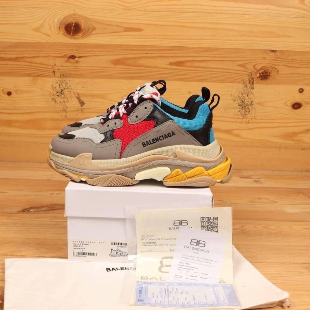 sepatu sneakers pria wanita BALENCIAGA TRIPLE S GREY RED GRIS ROUGE termurah