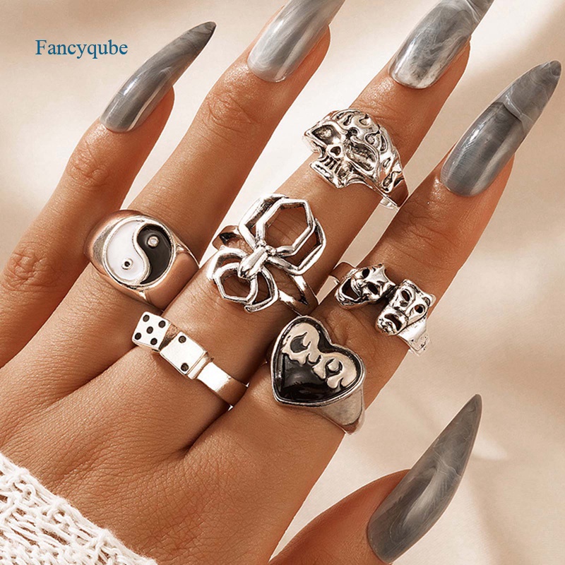 Fancyqube 6pcs / Set Cincin Model Terbuka Desain Hati Sayap Kupu-Kupu Tengkorak Gaya Punk Gothic Untuk Pria Dan Wanita