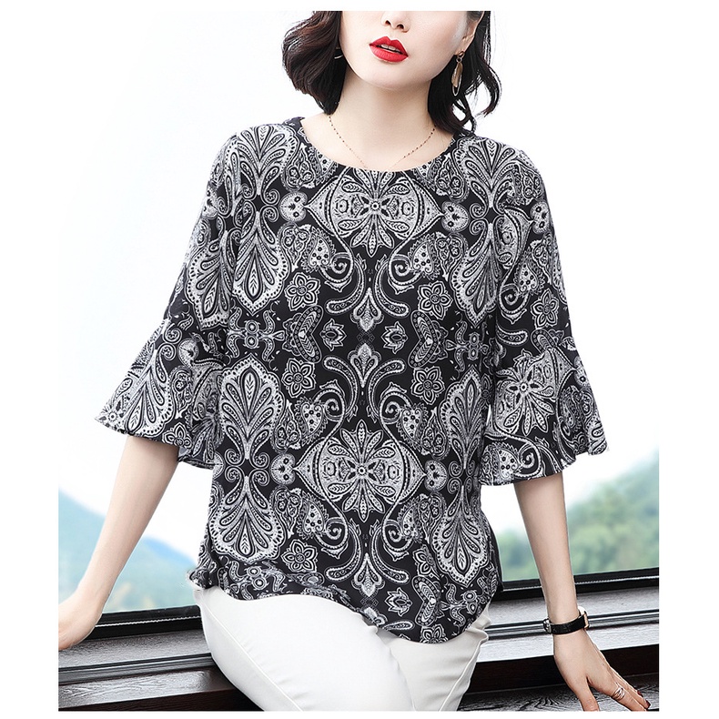 Stok bersih!M-5XL Real Pic Blus Wanita Ready Blouse Bunga Longgar Silk Lengan Boneka Kasual