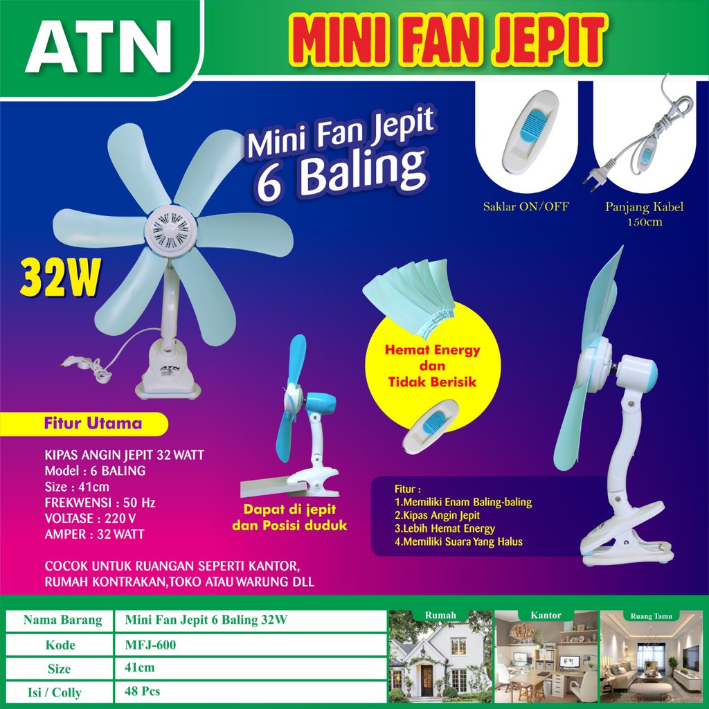 COD-Kipas angin gantung/JEPIT minifan 6 BALING 32W LENGKAP ATN