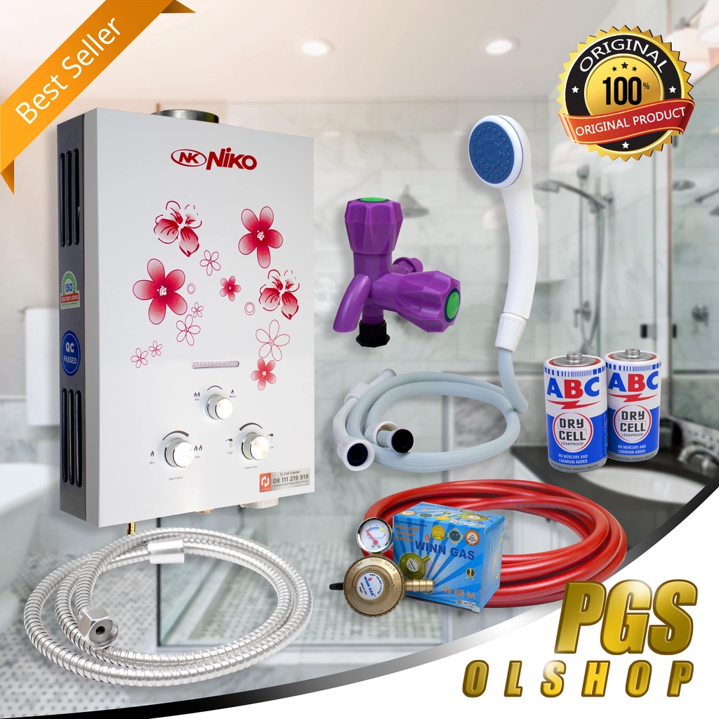 Paket Komplit Water Heater Gas - Pemanas Air Kamar Mandi Tanpa Listrik Niko Putih