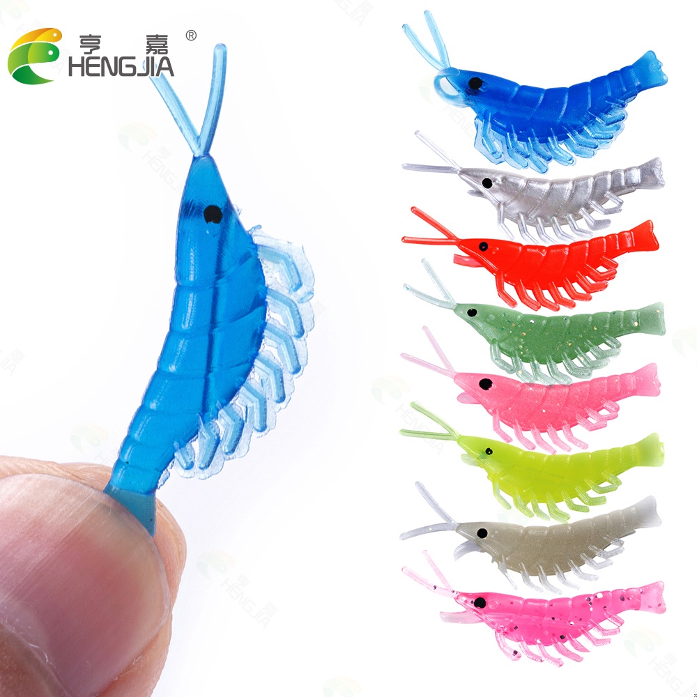 Hengjia 20pcs/lot Umpan Pancing Mini Soft lure Udang Luminous Shrimp Bait 2.7cm 0.3g Untuk Memancing Di Laut 8 Color Alat Pancing