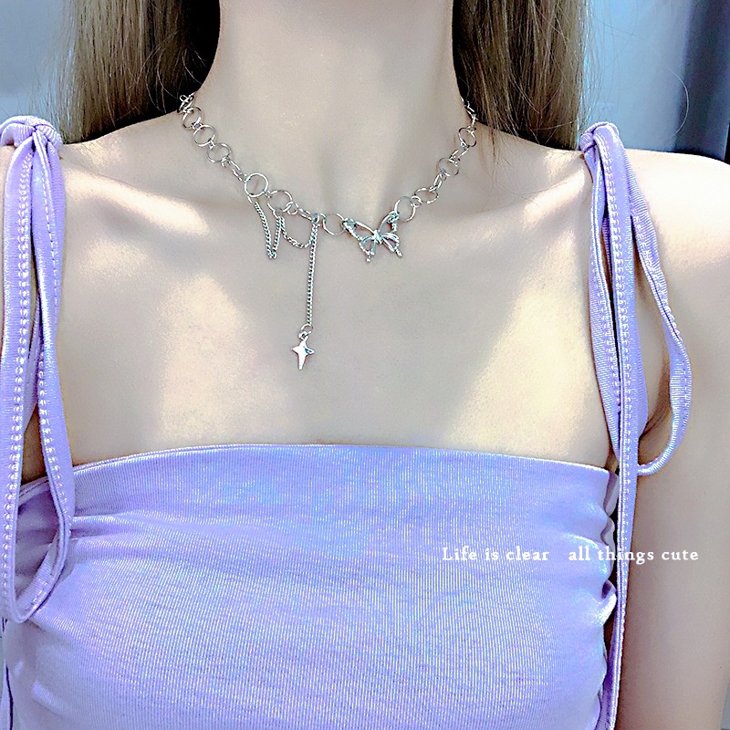 Kalung Choker Rantai Klavikula Desain Kupu-Kupu Gaya Punk Gothic Hip Hop Untuk Perhiasan Wanita