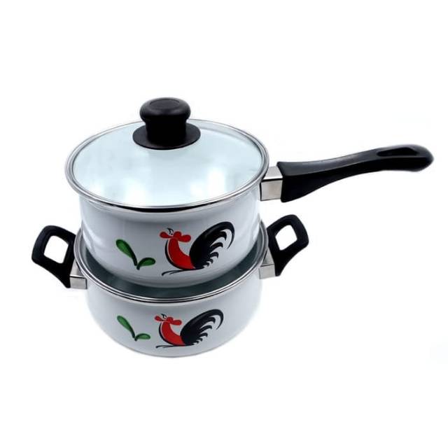 Set panci enamel susun 2 tutup kaca ayam jago kukuruyuk