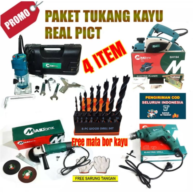 NEW PAKET TUKANG KAYU [4 ITEM] MESIN SERUT MAILTANK SH-194,GRENDA/GERINDA TANGAN 4 INCHI, BOR 10MM BOLAK-BALIK DAN MESIN PROFIL LENGKAP SATU SET FREE MATA BOR KAYU