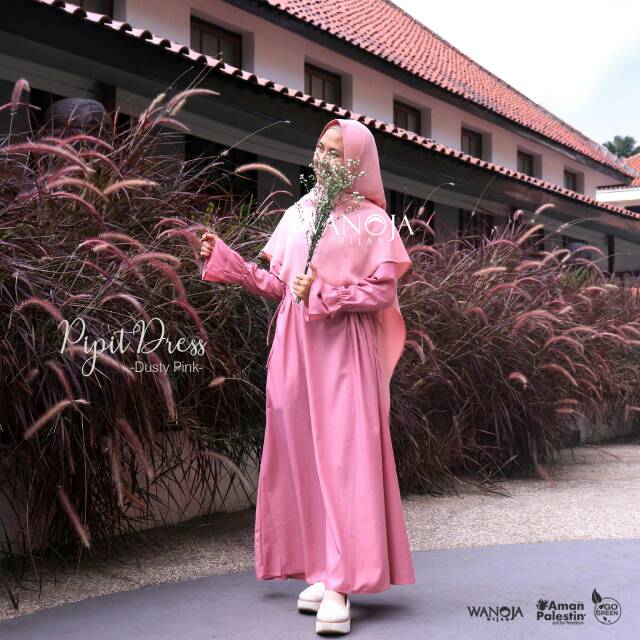 PIPIT DRESS DUSTY PINK WANOJA HIJAB - GAMIS SYARI BRANDED TERBARU TOYOBO SILKY POLOS ADEM NYAMAN