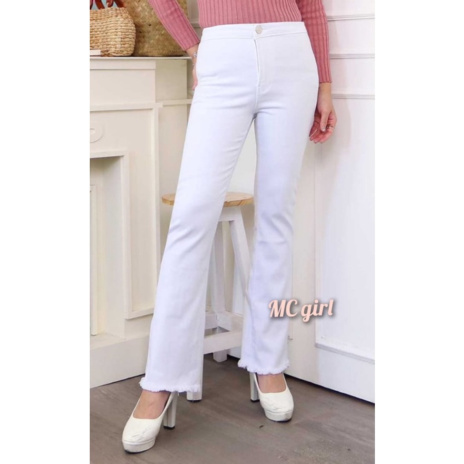 ( Size 27 - 34 ) MC girl - Cutbray High Waist Jeans Warna Putih Wanita / Celana Jeans Pinggang Tinggi Cutbray Rawis Cewek / Cutbrai Highwaist Rumbai / Cutblay Haiwes / HW / Boot Cut / Kaki Lebar / Kaki Gede / Kaki Besar 7C-G