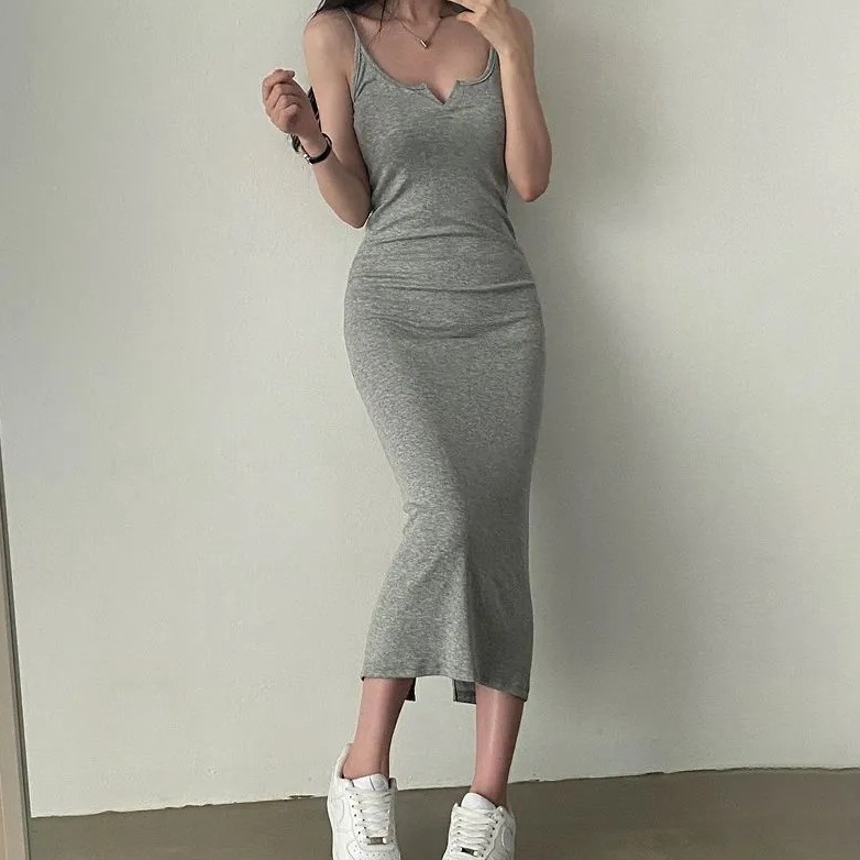 Bodycon Sleeveless Basic Midi Dress Gaun Wanita Simple 1457 (S/M/L/XL)