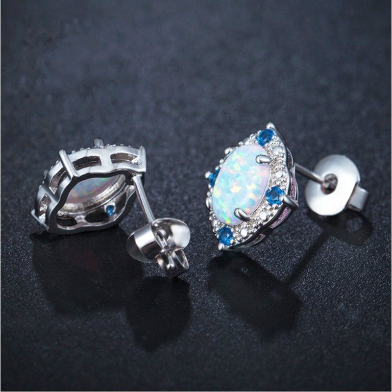 Fashion Jewelry Stud Earrings Rhombic Pattern Earring With White Oval Opal For Women Gifts