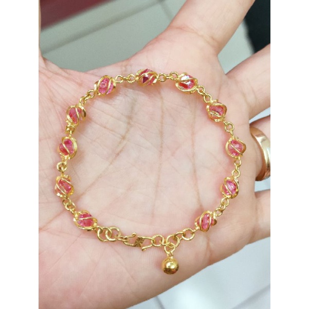 GELANG DEWASA PERAK 925 LAPIS EMAS 24K MODEL KRISTAL PINK DALAM SANGKAR