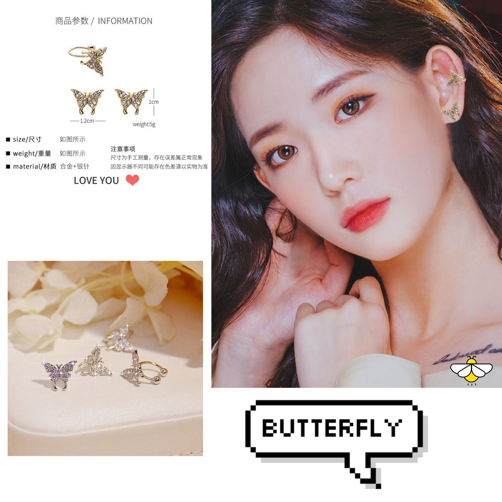 Aksesoris Fashion Korea 2pc Anting Zirkon Klip Kupu-Kupu Anting Tusuk Aksen Mutiara Silver Gold Butterfly Earing Anting tanpa tindik