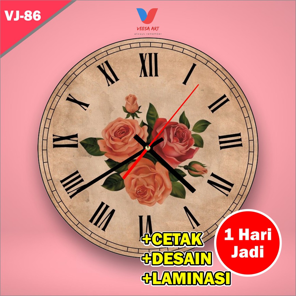 Jam Dinding Vintage Classic Klasik Fintage Aesthetic Estetik Cantik Hiasan decor Pajangan dinding ruangan cewek Kayu Shabby chic lucu Motif bunga Warna Merah Mawar Estetik Aesthetic yg Bagus Keren Kamar Tidur Mewah Ruang Tamu Dapur Kantor Set Diy Tempel