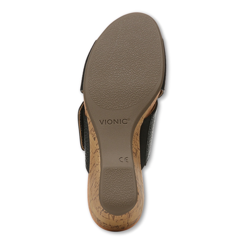 Vionic Leticia Leather Black Wedges Wanita