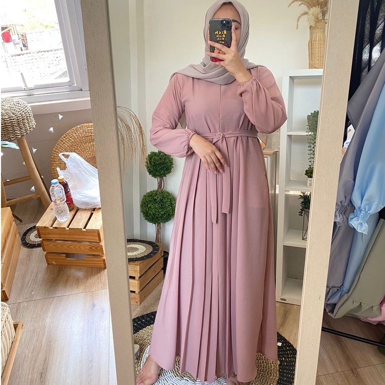 Cyra Dress Gamis Rempel Mewah Resleting Depan Bahan Wolfis | Wolpeach HQ Dilengkapi Belt Cantik  REALPICT BY GABRIELFASHION-1