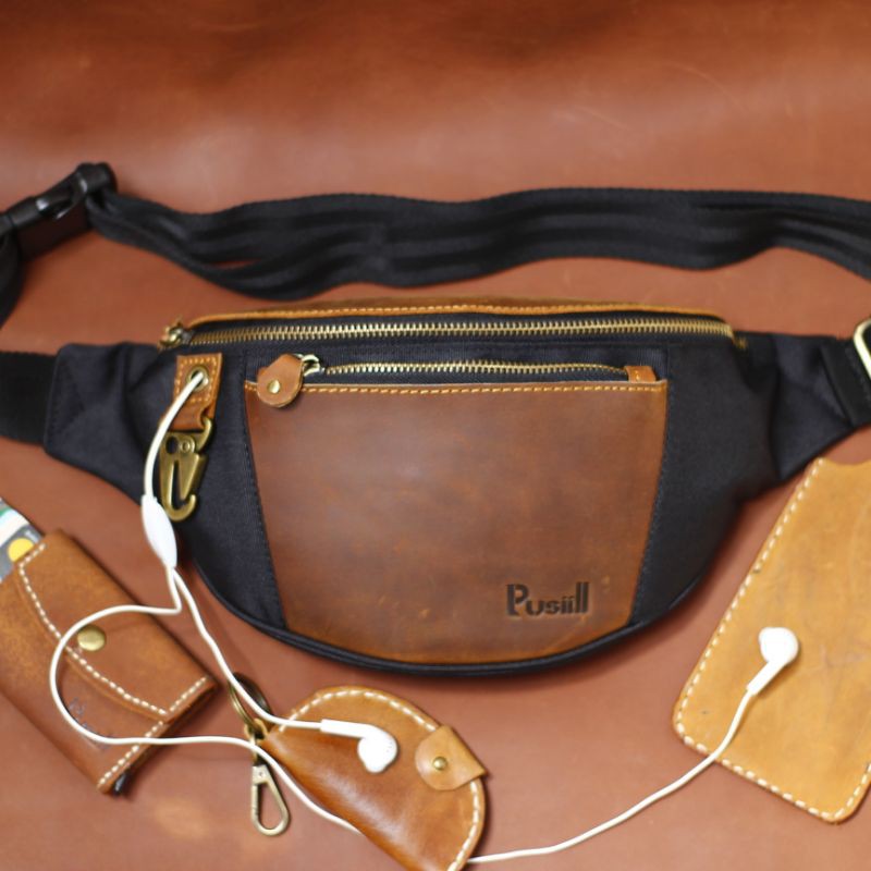 Waistbag Pusiill A03/Waistbag kombinasi Kulit Sapi asli+cordura/Tas selempang