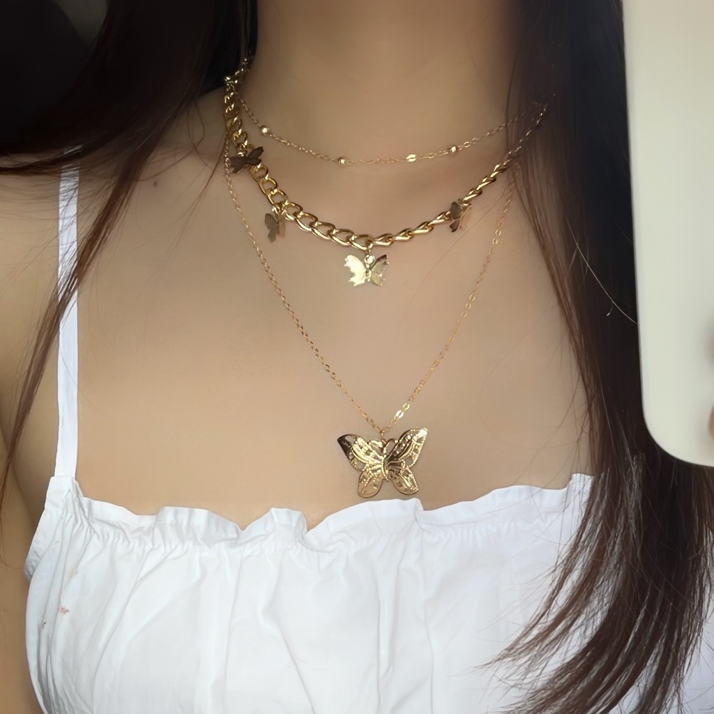 Butterflies Layer Necklace / Kalung Wanita Korea / Aksesoris Wanita / Kalung Rantai / Kalung Aesthetic / Kalung Layer Pendan