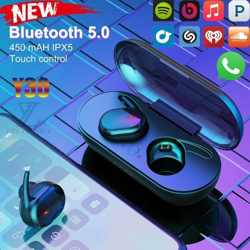 ⚡YZ (COD) Y30 TWS Bluetooth Headset Bluetooth Dengan Mikrofon 5.0 Earphone Bluetooth TWS HiFi Stereo Waterproof Earbuds Wireless Earphone Headset with Mic Headphone-Hitam Edisi Lanjutan