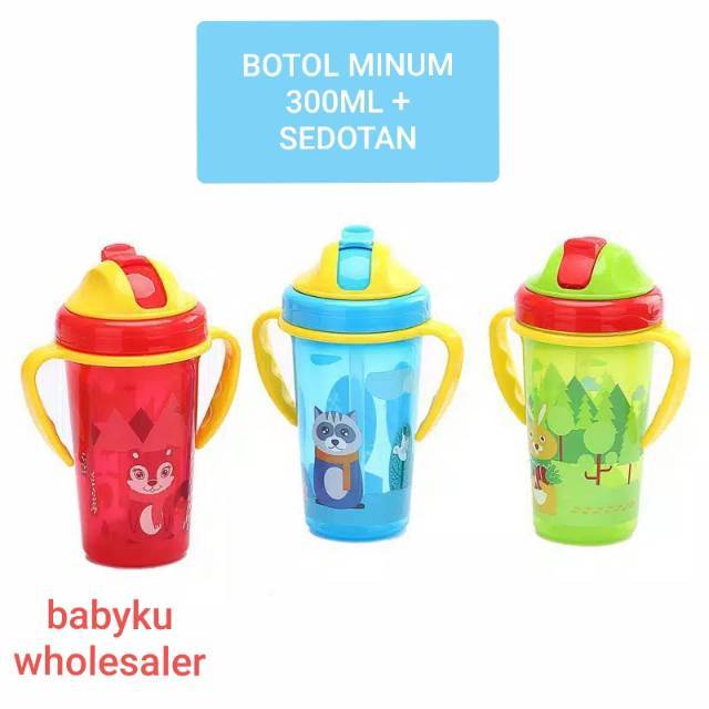 Botol minum anak dengan sedotan dan gagang handle 300ml