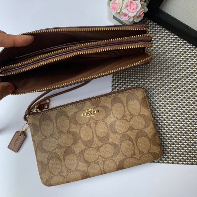 Coach Large Wristlet Double Zip Khaki Saddle