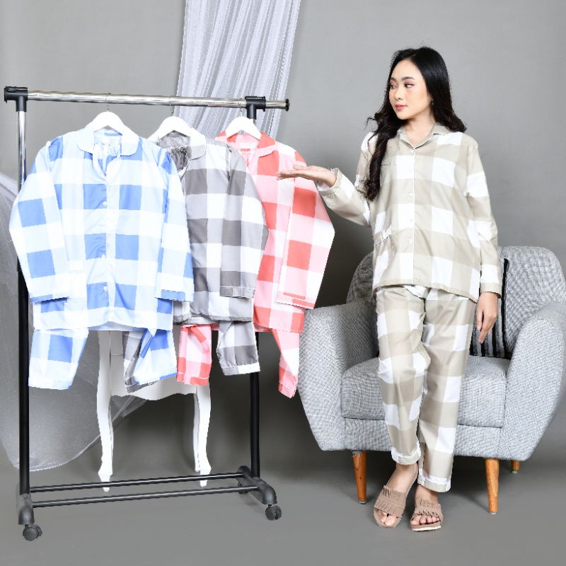 Baju Tidur Piyama Wanita/Cewek Pajamas Dewasa Katun Motif Kotak Emily PP Lengan Panjang Kekinian