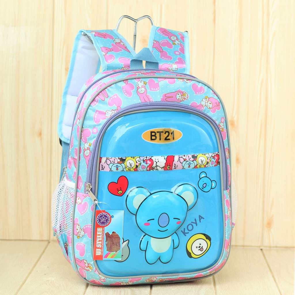 Tas Sekolah Anak Perempuan TK Lampu BT-21 Biru Paud  Gambar Kartun Karakter Terbaru Lucu Premium SD SMP Mini Murah BT21 Motif Karakter Berkualitas