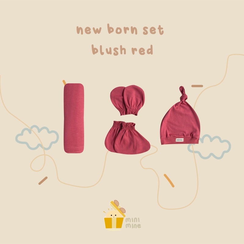 Minimine - New Born Set New Color ( Swaddle + Knot Hat + Mitten and Botties ) berisi bedong, topi, dan sarung tangan dan kaki bayi baru lahir-BLUSH RED