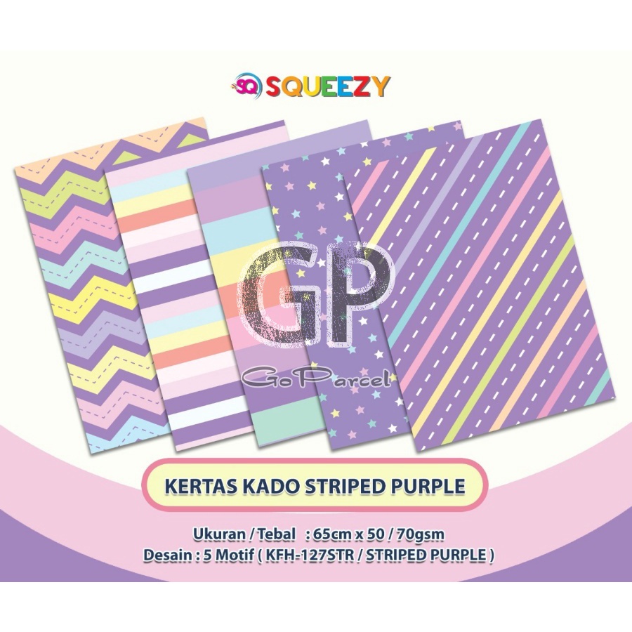 ( 5 Lembar ) KERTAS KADO SQ DOFF - GIFT WRAPPING PAPER STRIPED PURPLE ZIGZAG POLKADOT PASTEL UNGU STAR