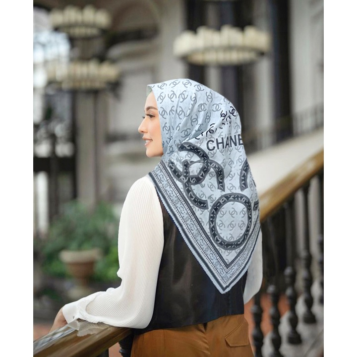 Diskon !! Hijab Voal Segiempat Motif CH Blue Sky Kerudung Segiempat Motif Jilbab Voal