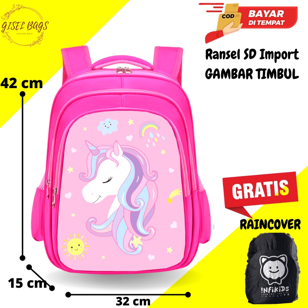 GB Tas sekolah anak perempuan SD gambar timbul ransel anak import bahan nilon tebal