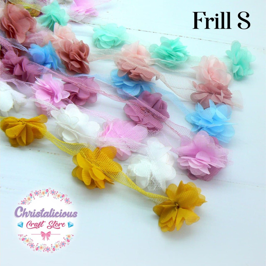 Bunga Frill bunga organza bunga aplikasi pita bunga satin handmade size S ukuran 4 cm