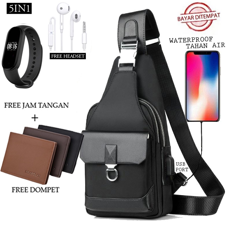 TANMESSO 5in1 BAYAR DITEMPAT- JAM LED -HEADSET- DOMPET -USBPORT -TAS WATERPROOF-BAHAN INTERPILAR SENDIRI LEMBUT DAN TEBAL MENGANDUNG 70%COTTON BUKAN PARASUT ATAU KANVAS SEPERTI YANG BEREDAR DIPASARAN-TAS SELEMPANG PRIA-SLING BAG PRIA