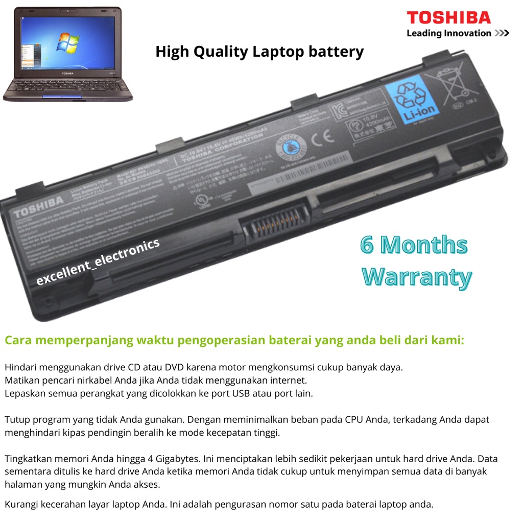 Baterai Laptop Toshiba C840 C800 L830 High Quality Laptop battery