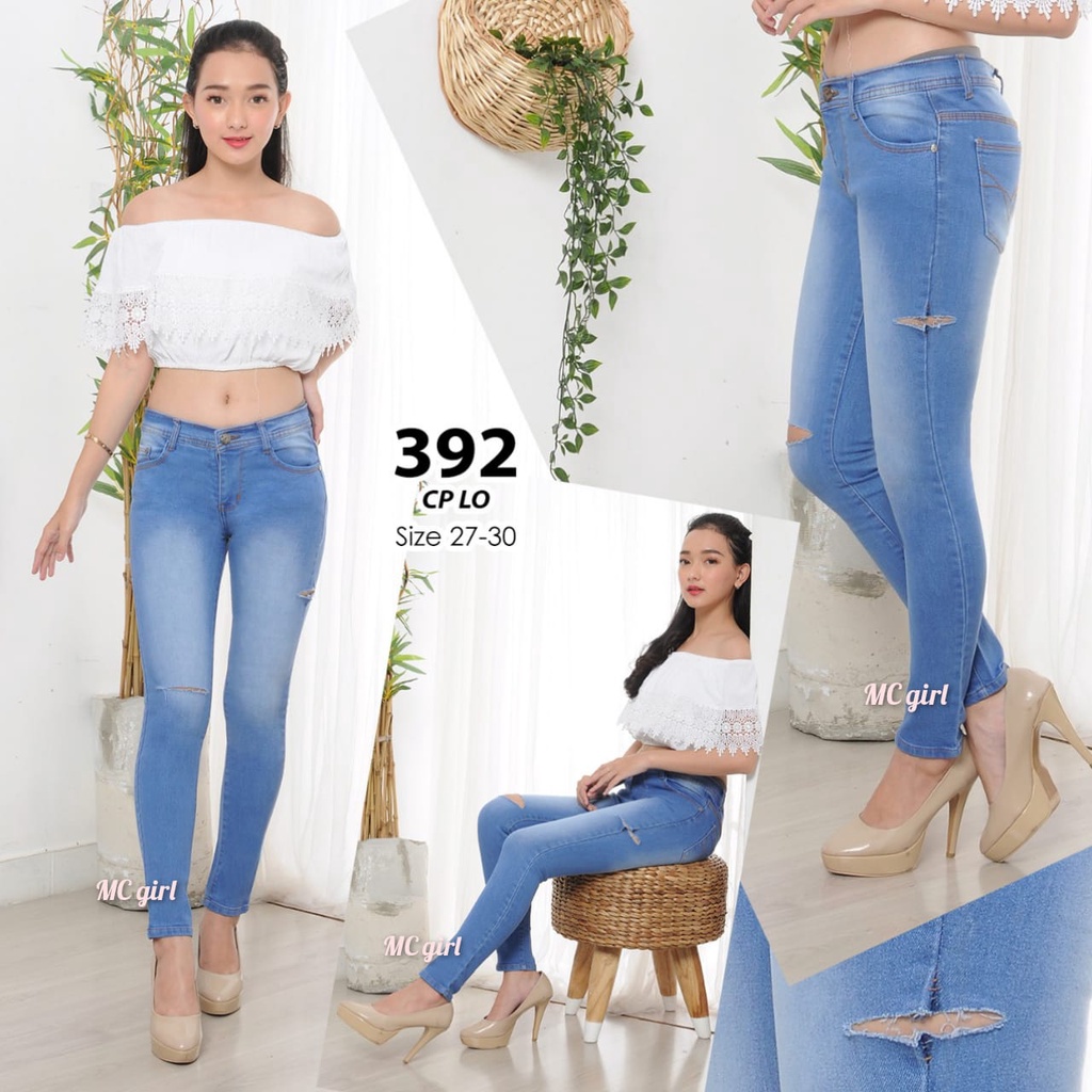 ( Size 31 - 34 ) MC girl - Celana Jeans Sobek Tidak Ada Lapis Jumbo Wanita / Celana Lepis Ripped Garis Big Size Cewek / Denim Pants Skinny Koyak Samping Tembus / Celana Panjang Pensil Cewe / Lgo