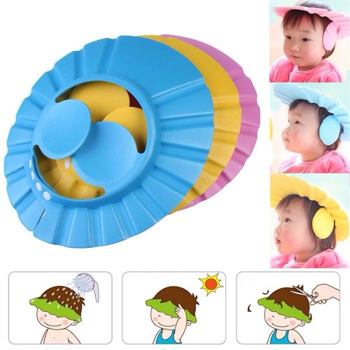 Topi Keramas Bayi Anak Pelindung Mata Dengan Kancing Dan Penutup Telinga Kids Shower Cap