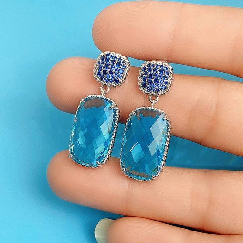 Anting Juntai Bentuk Geometris Unik Bahan Cubic Zirconia Warna Biru Untuk Wanita