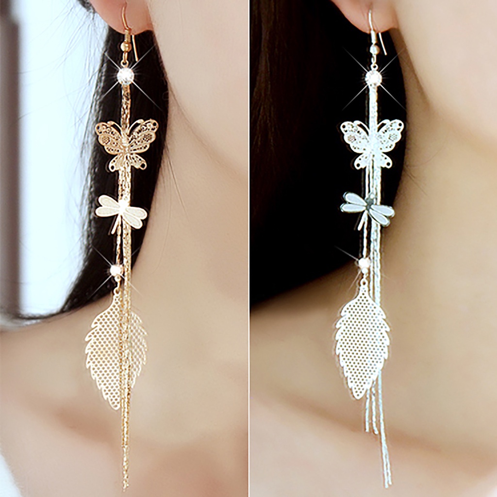 Hu Hu Hu Hu Hu Alat Bantu Pasang Kacamata♡ 1 Pasang Anting Rantai Rumbai Desain Butterfly Dragonfly Leaf Linear Aksen Berlian Imitasi Untuk Wanita