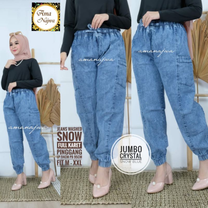 Crystal Jogger Pants Celana Wanita Casual Polos Jumbo Jeans Snow Lp 114 Fit XXL Pinggang Karet By AM