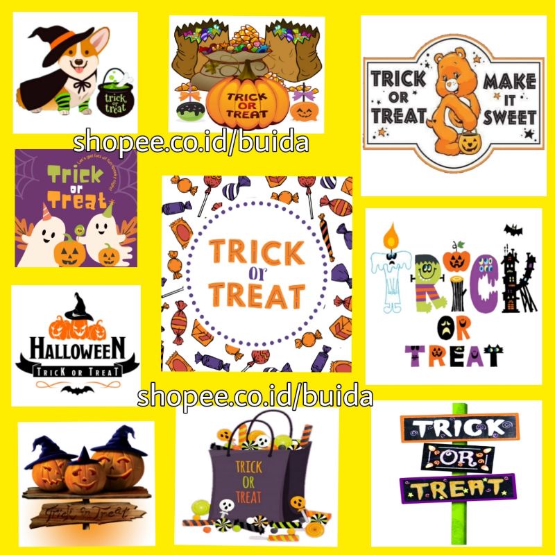 

Stiker Trick or treat Sticker Label Hari Happy Halloween Pesta party dekorasi segel kemasan sealer hiasan kado hampers bungkus wadah permen candy motif lucu bisa custom ukuran 4x4 cm 6x6 9x9