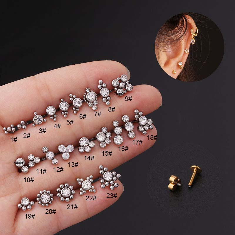 1 Piece Stainlesss Steel Labret Stud Lip Piercing Helix Lobe Earrings with Zircon 16Gauge