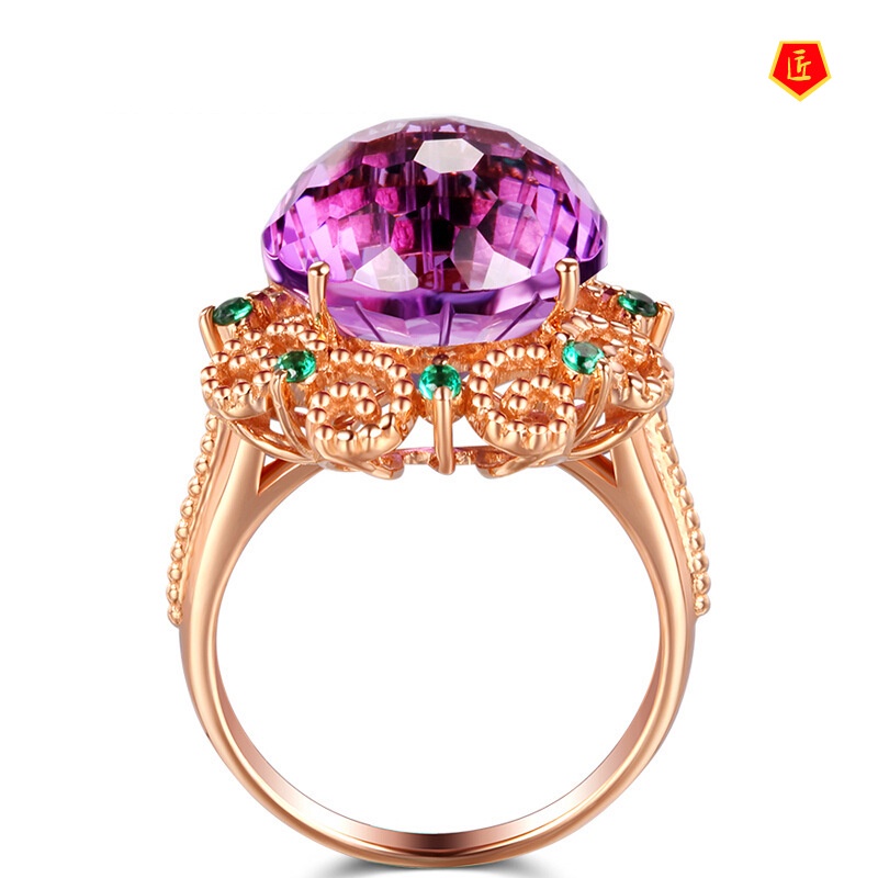 [Ready Stock]Amethyst Colored Gemstone Ring 14K Rose Gold Refined Personalized