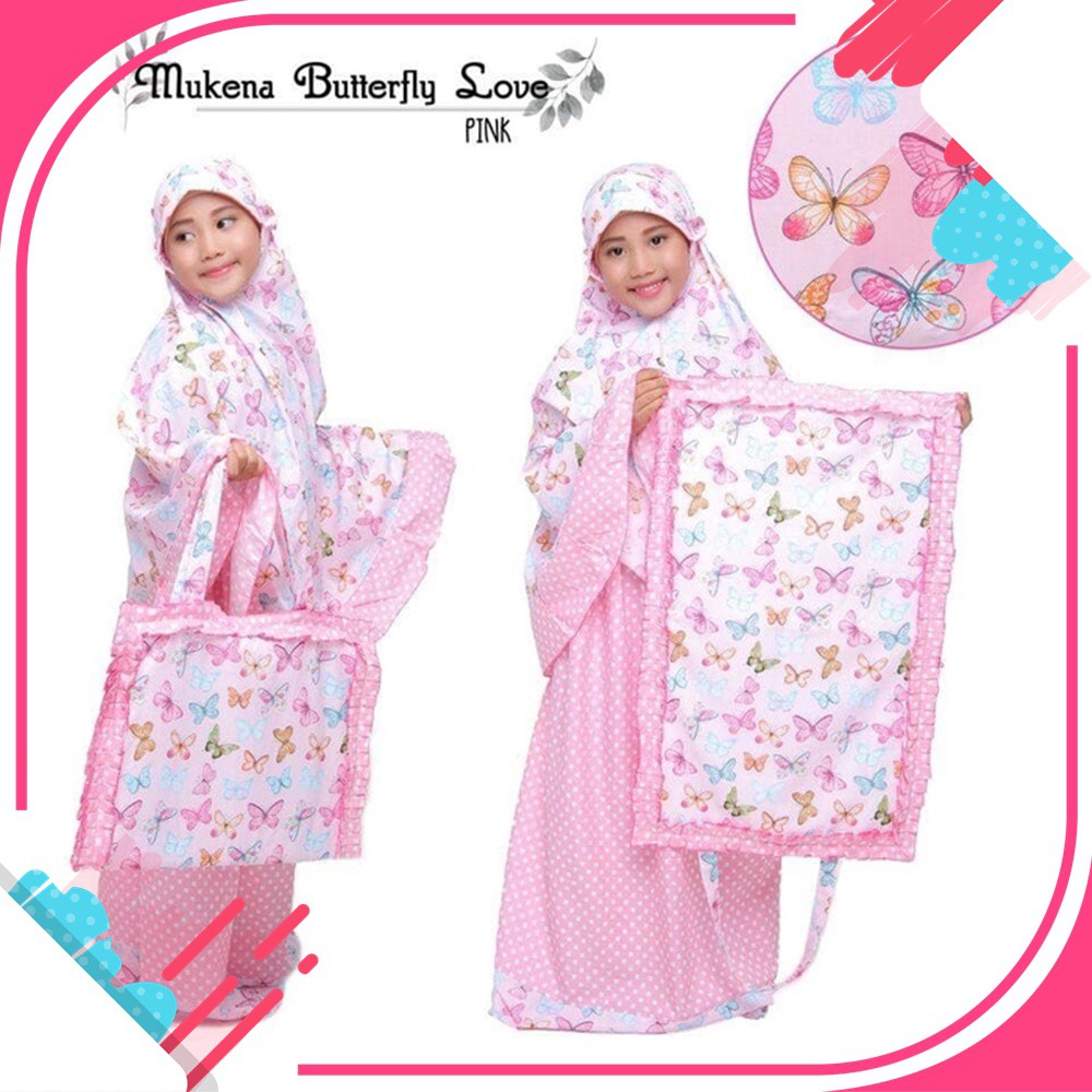 pusat mukena anak karakter butterfly pink lucu terbaru mukena anak set sajadah bahan katun adem